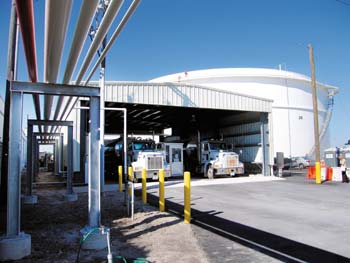 An automated truck-loading rack services tankers at South Florida Materials Corp.s new diesel terminal, which features two high-capacity storage tanks. 