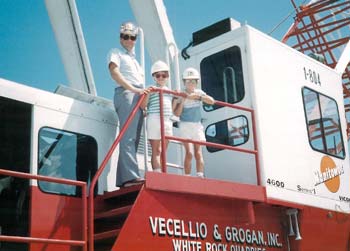 Leo Vecellio, Jr., with sons Christopher and Michael aboard a dragline at White Rock Quarries in the 1980s.